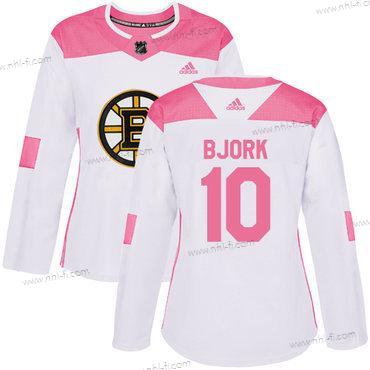 Adidas Boston Bruins #10 Anders Bjork Valkoinen Pinkki Aito Ommeltu NHL Paita – Naisten