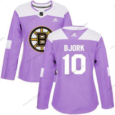 Adidas Boston Bruins #10 Anders Bjork Violetti Aito Taistelee syöpää vastaan Ommeltu NHL Paita – Naisten