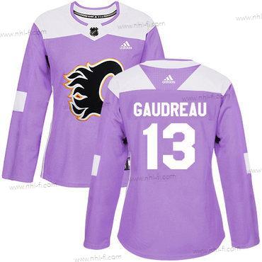 Adidas Calgary Flames #13 Johnny Gaudreau Violetti Aito Taistelee syöpää vastaan Ommeltu NHL Paita – Naisten