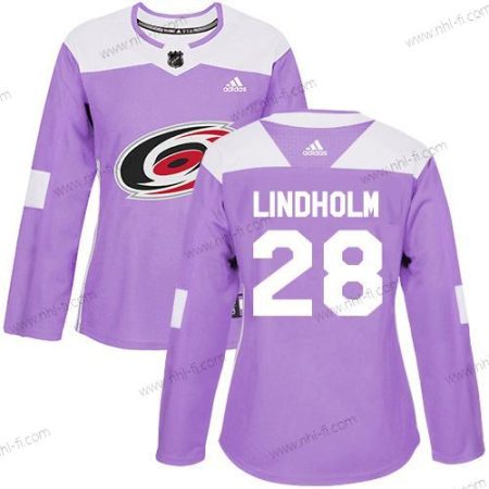 Adidas Carolina Hurricanes #28 Elias Lindholm Violetti Aito Taistelee syöpää vastaan Ommeltu NHL Paita – Naisten