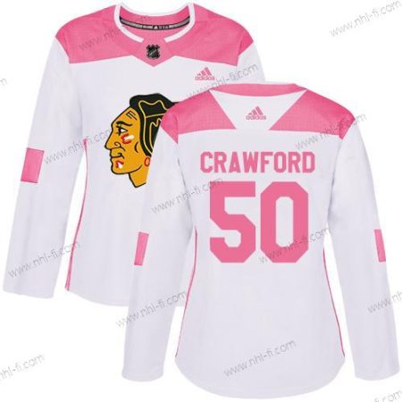 Adidas Chicago Blackhawks #50 Corey Crawford Valkoinen Pinkki Aito Ommeltu NHL Paita – Naisten