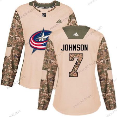 Adidas Columbus Blue Jackets #7 Jack Johnson Maastokuvio Aito 2017 Veterans Day Ommeltu NHL Paita – Naisten