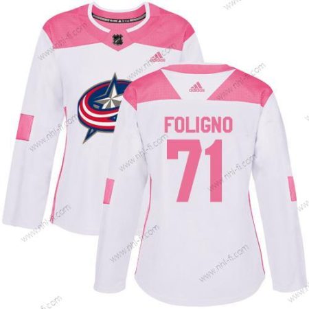 Adidas Columbus Blue Jackets #71 Nick Foligno Valkoinen Pinkki Aito Ommeltu NHL Paita – Naisten