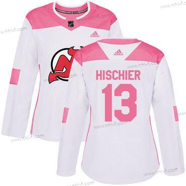 Adidas New Jersey Devils #13 Nico Hischier Valkoinen Pinkki Aito Ommeltu NHL Paita – Naisten