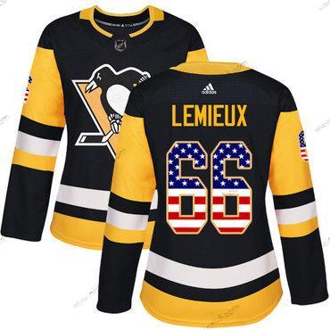 Adidas Pittsburgh Penguins #66 Mario Lemieux Musta Kotiottelu Aito USA Flag Ommeltu NHL Paita – Naisten