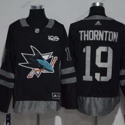 Adidas San Jose Sharks #19 Joe Thornton Musta 100th Vuosipäivä Ommeltu NHL 2017 Jääkiekko Paita – Miesten