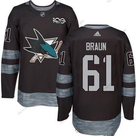 Adidas San Jose Sharks #61 Justin Braun Musta 100th Vuosipäivä Ommeltu NHL 2017 Jääkiekko Paita – Miesten