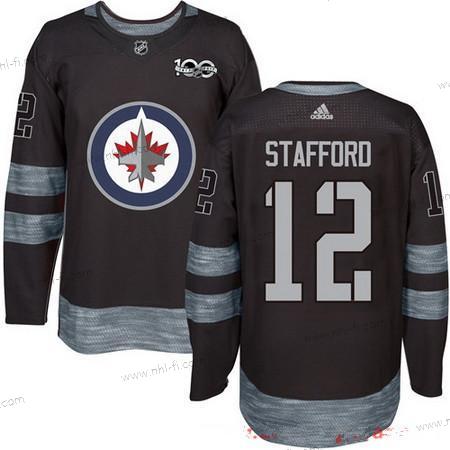 Adidas Winnipeg Jets #12 Drew Stafford Musta 100th Vuosipäivä Ommeltu NHL 2017 Jääkiekko Paita – Miesten