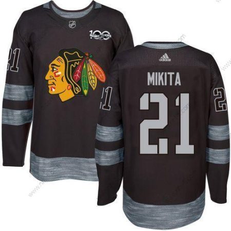 Chicago Blackhawks #21 Stan Mikita Musta 1917-2017 100th Vuosipäivä Ommeltu NHL Paita – Miesten