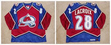 Colorado Avalanche #28 Eric Lacroix Colorado 1996-97 Punainen Sininen Avalanche Game Worn Paita – Miesten