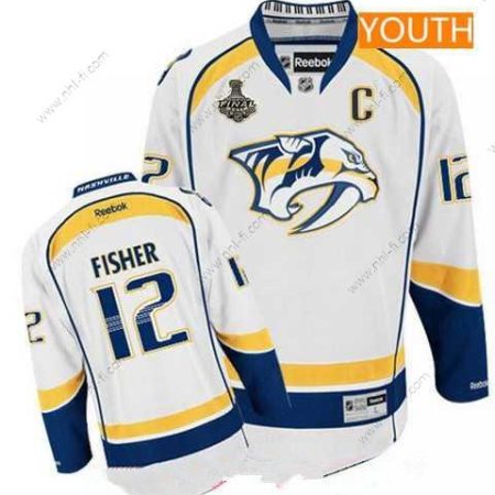 Miesten Nashville Predators #12 Mike Fisher Valkoinen 2017 Stanley Cup Finals C Patch Ommeltu NHL Reebok Jääkiekko Paita – Nuoret