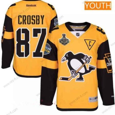 Miesten Pittsburgh Penguins #87 Sidney Crosby Keltainen Stadium Series 2017 Stanley Cup Finals Patch Ommeltu NHL Reebok Jääkiekko Paita – Nuoret