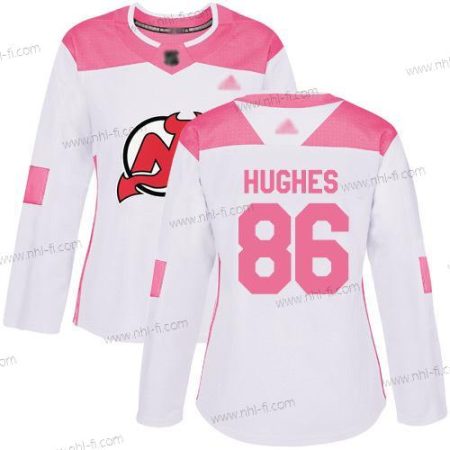 New Jersey Devils #86 Jack Hughes Valkoinen Pinkki Aito Ommeltu Jääkiekko Paita – Naisten