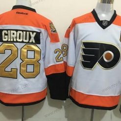 Philadelphia Flyers #28 Claude Giroux Valkoinen 50Th Vuosipäivä Kulta Ommeltu NHL Reebok Jääkiekko Paita – Miesten