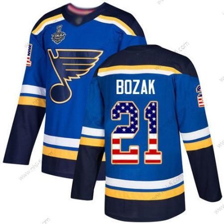 St. Louis Blues #21 Tyler Bozak Sininen Kotiottelu Aito USA Flag 2019 Stanley Cup Final Bound Ommeltu Jääkiekko Paita – Miesten