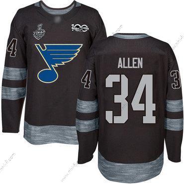 St. Louis Blues #34 Jake Allen Musta 1917-2017 100th Vuosipäivä 2019 Stanley Cup Final Bound Ommeltu Jääkiekko Paita – Miesten