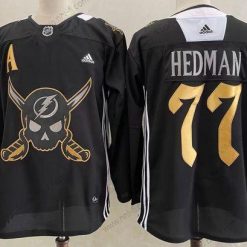 Tampa Bay Lightning #77 Victor Hedman Musta Pirate Themed Warmup Aito Paita – Miesten